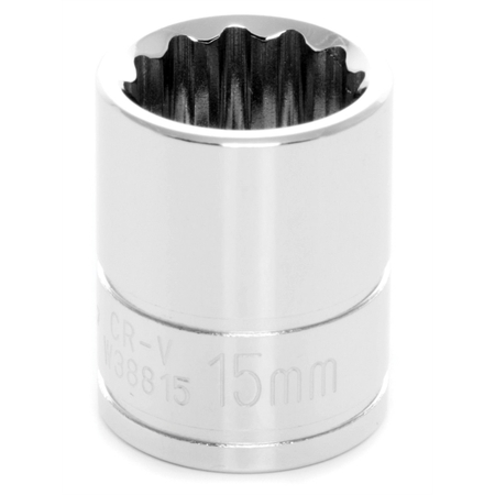 PERFORMANCE TOOL Chrome Socket, 3/8" Drive, 15mm, 12 Point, Shallow W38815